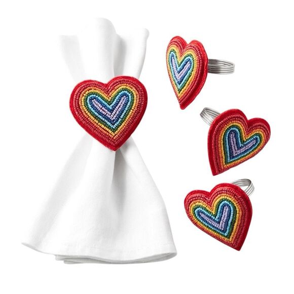 Williams Sonoma Beaded Rainbow Heart Napkin Rings Set of 4 Handcrafted Glass - Picture 2 of 4